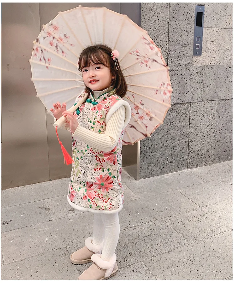 Новогодний наряд в китайском стиле Ципао для девочек зимний костюм Тан жилет с