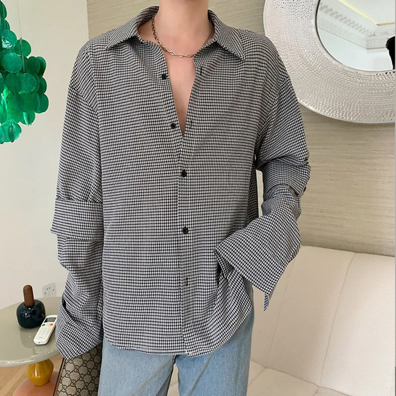 

Male Korea Style Vintage Streetwear Loose Shirts Men Splice Long Sleeve Casual Plaid Shirt