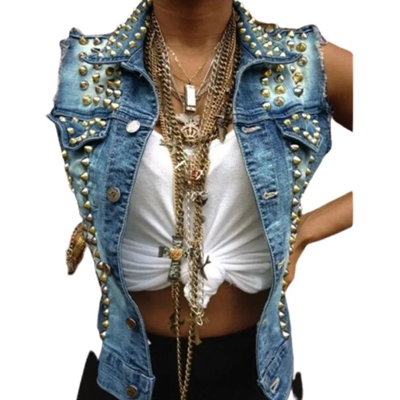 Джинсовое платье майка Для женщин на весну в стиле панк с заклепками отложной