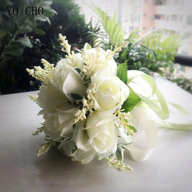 

YO CHO Silk Roses White Wedding Bouquet for Bridesmaids Wedding Artificial Flower Bridal Bouquets Bride Bouquet Flowers Marriage