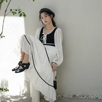 2020 new dress black and white splicing a line long skirt high waist retro lace lace lace up fairy temperament fairy dress