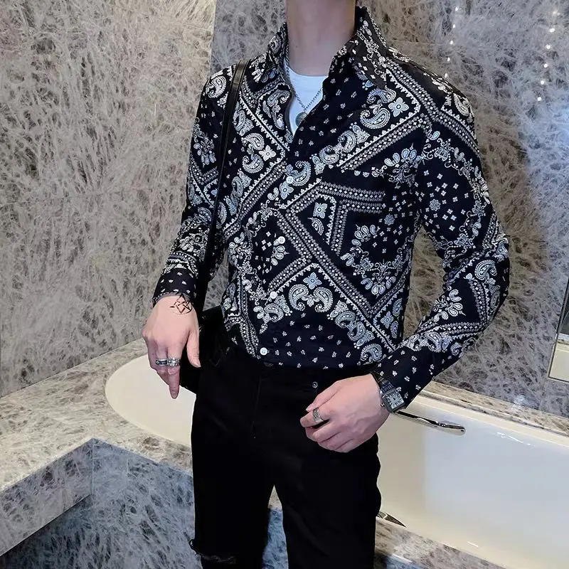 2021 autumn handsome long sleeve shirt men's casual shirt Korean slim youth floral jacket