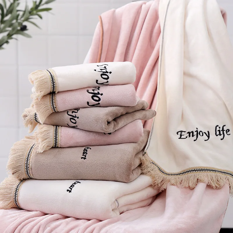 

Soild Color Towels Adult Microfiber Face Towel Bathroom Household Men's and Women's Soft Absorbent Tassel Bath Towel Pink