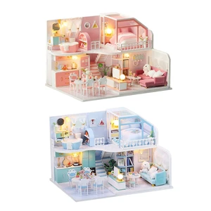 DIY Doll House Miniature 3D Wooden Dollhouses Set Furniture Kit with LED & Dust Cover Toys for Children Gift