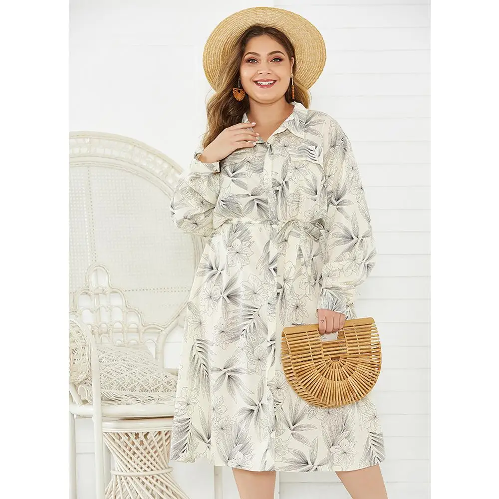 Женское платье рубашка с поясом повседневное белое свободное длинным рукавом