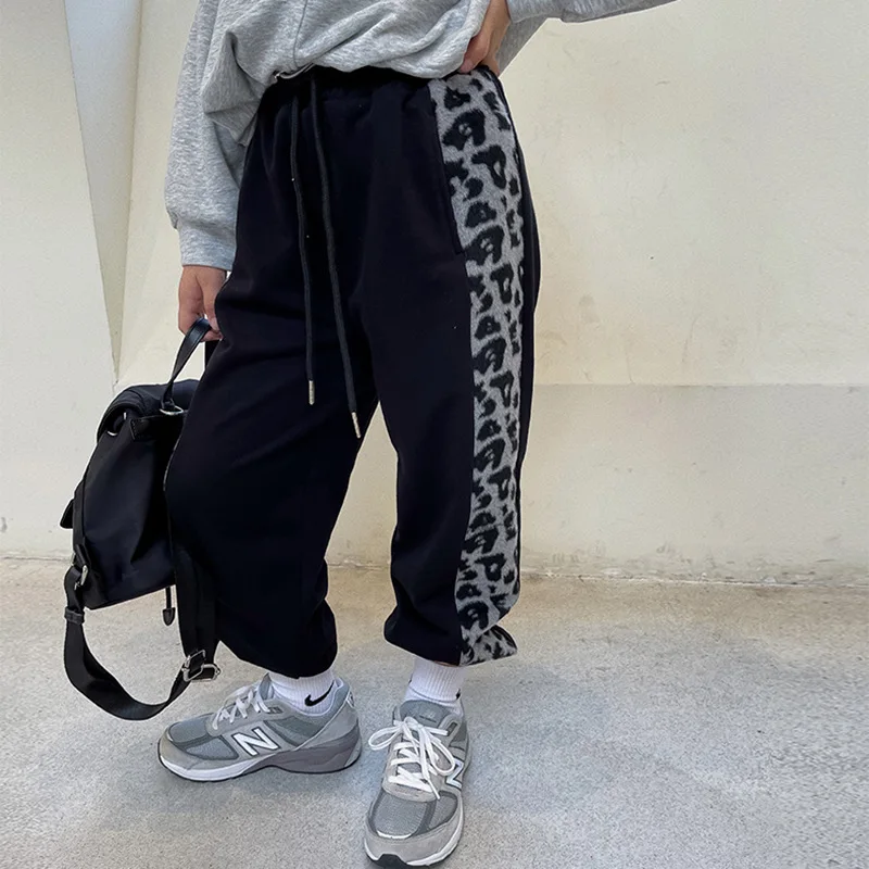 

New Boys and Girls Pants 2021 Autumn Loose Sports Leopard Patchwork Kids Casual Pants Baby Children Clothes Mid Waist,#6437