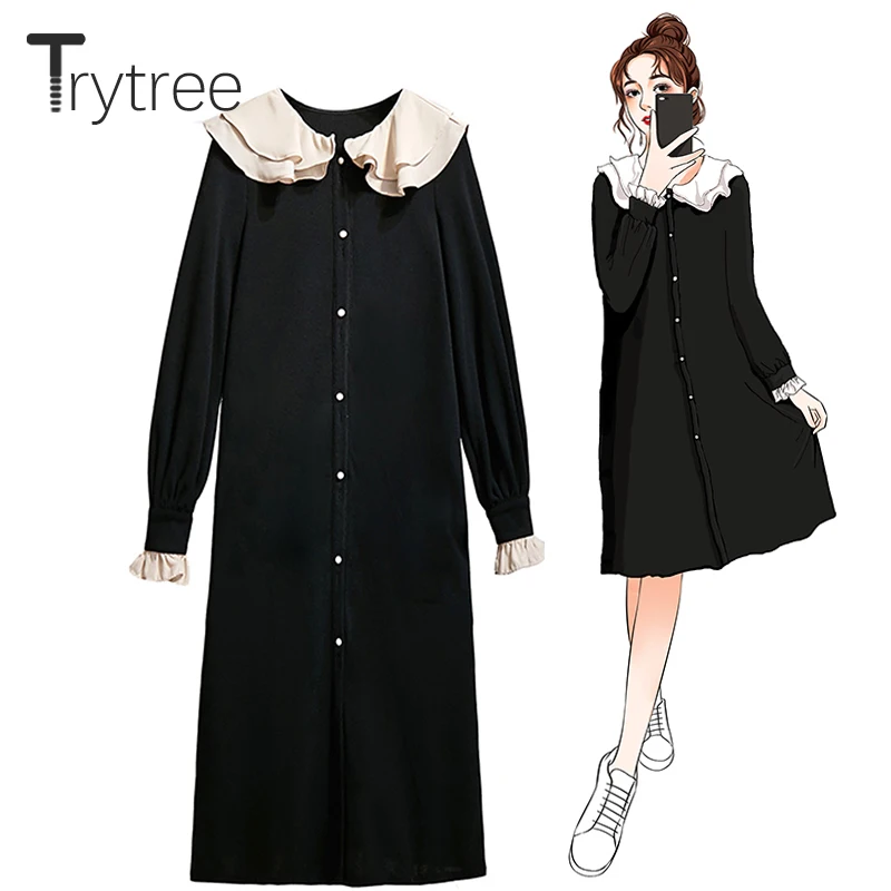 

Trytree 2020 Autumn Women Casual Dress Black Ruffled Collar Butterfly Sleeve Single Breasted Loose Office Lady Mid-Calf Dress