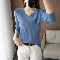2021 autumn and winter new style v neck pit pattern fashion bottoming shirt womens slim short knitted long sleeved sweater