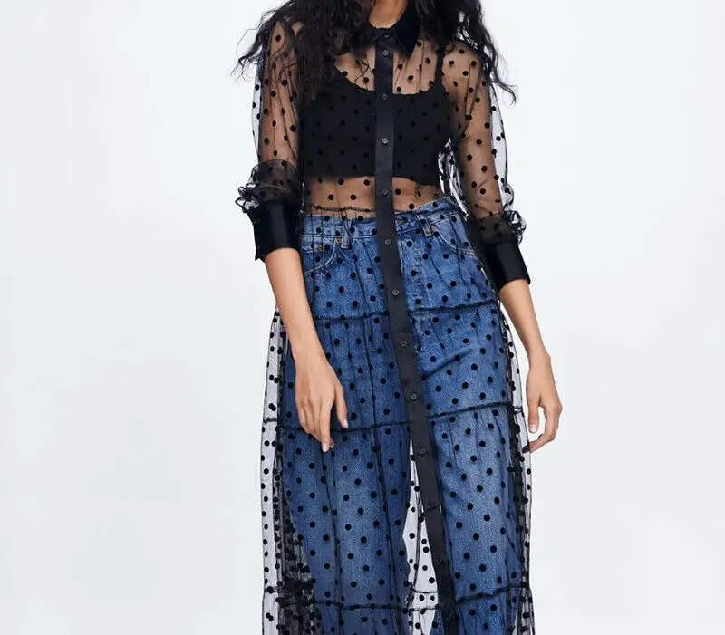 Women Mesh Sheer Transparent Polka Dot Lace Cover up V Neck Button Down Maxi Dress See-through Party Clubwear Beach | Женская одежда