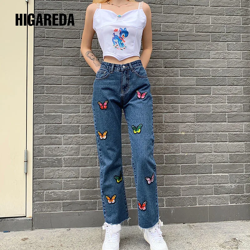 

Женские синие джинсы с вышивкой бабочки, повседневные Прямые брюки Капри с высокой талией, Модные Повседневные Элегантные джинсовые брюки ...