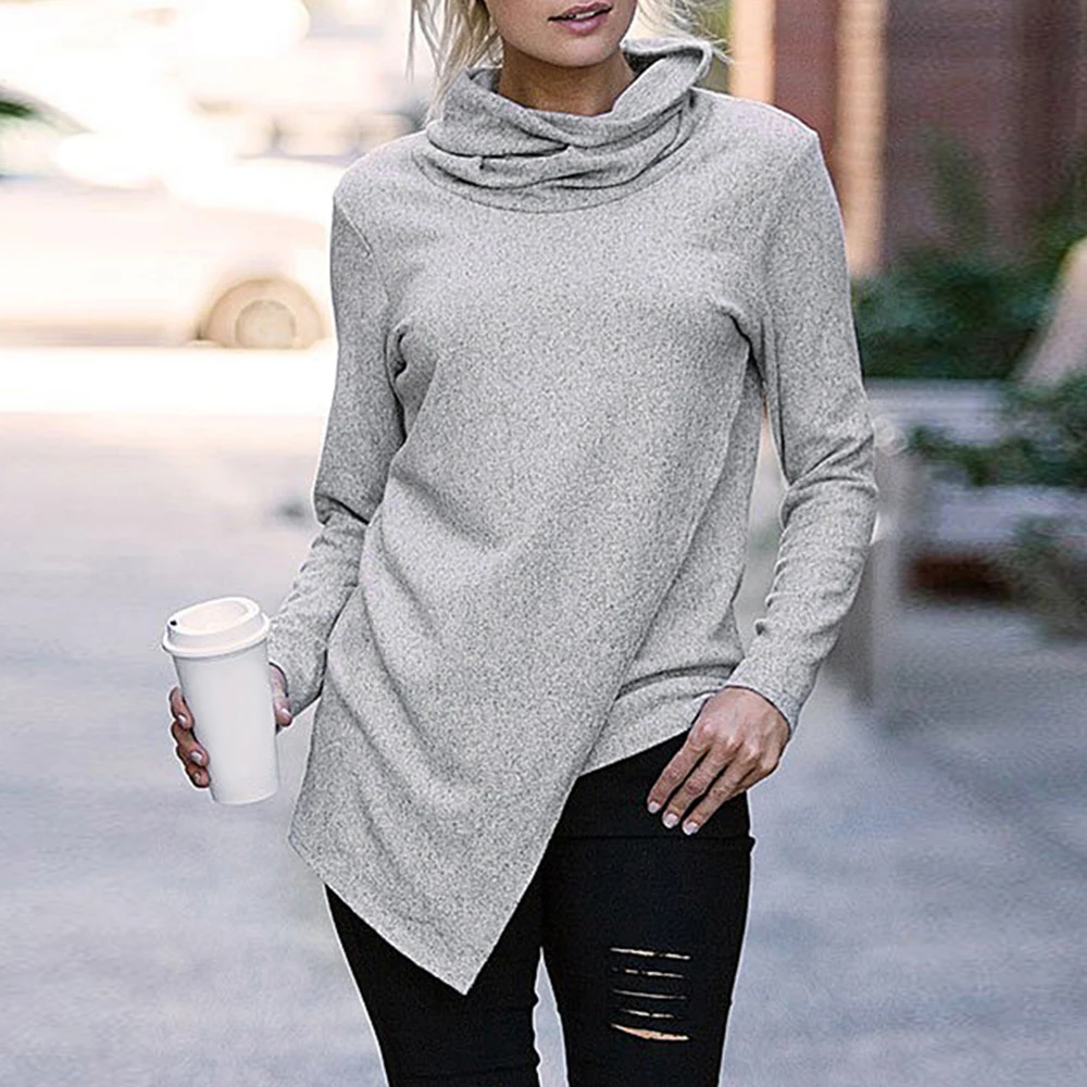 2019 Fashion Women Turtleneck Tees Autumn Korean Irregular Sweater Harajuku Style Tops Long Sleeve Solid Casual Female Knitwear | Женская