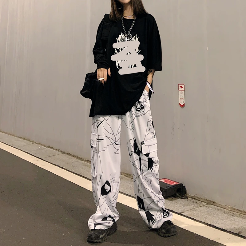 Lychee Harajuku Эластичный пояс хит цвет женские брюки большой карман летние женские брюки свободные прямые широкие женские брюки