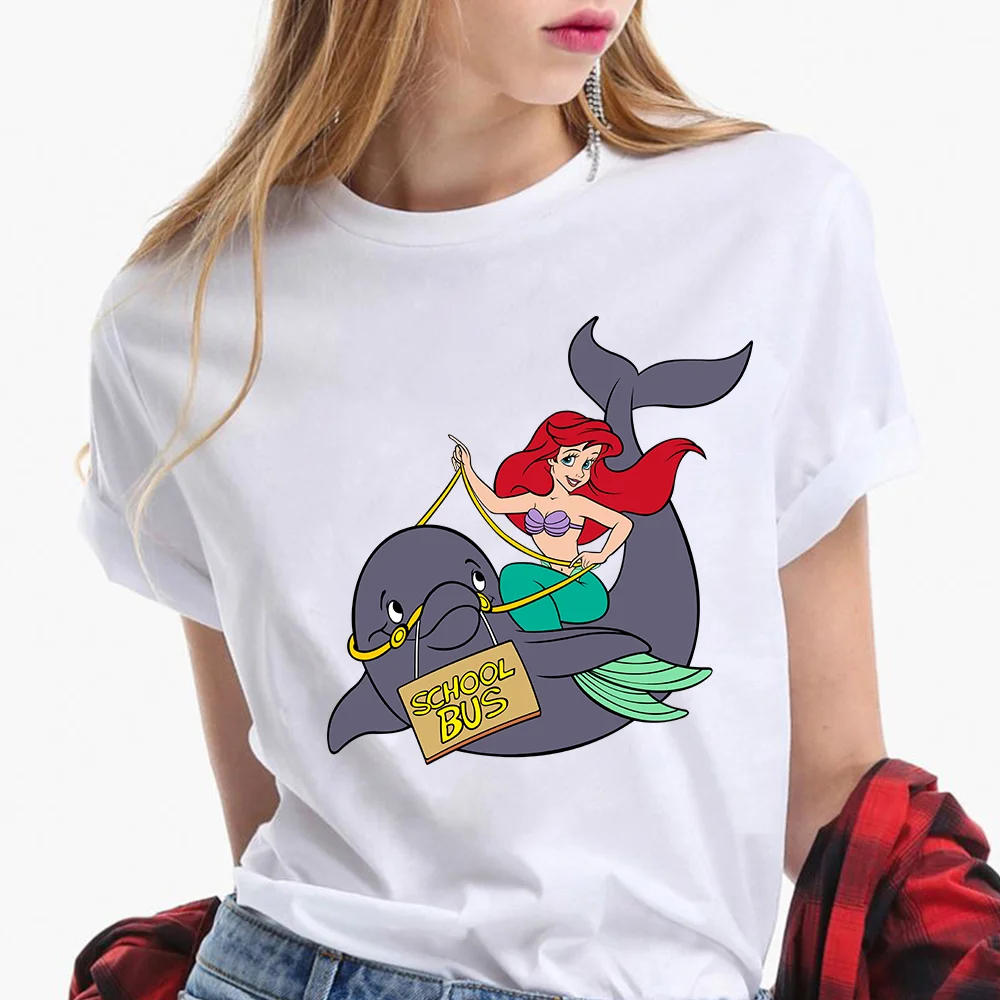 

New Disney Mermaid Princess Cartoons Cute Graphic Girl T Shirts Print Cotton O-neck Tops Summer For Women White Kawaii Casual