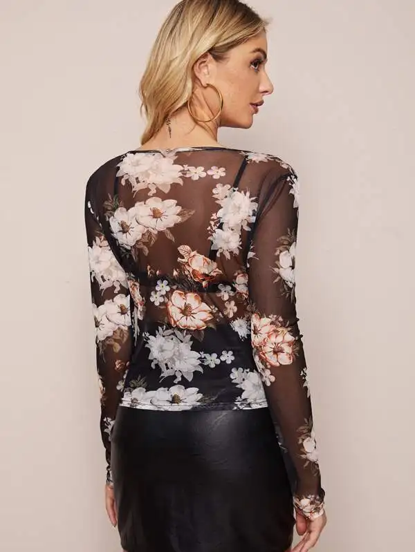 Новинка 2020 женская сексуальная сетчатая блузка с длинным рукавом и цветочным