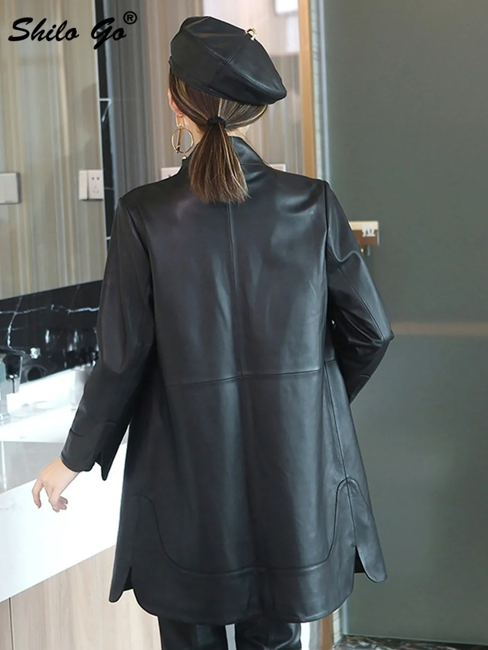 

Casual Stand Collar Flare Sleeve Single Breasted A Line Coat Women Spring Concise Solid Genuine Leather Trench Sheepskin Outwear