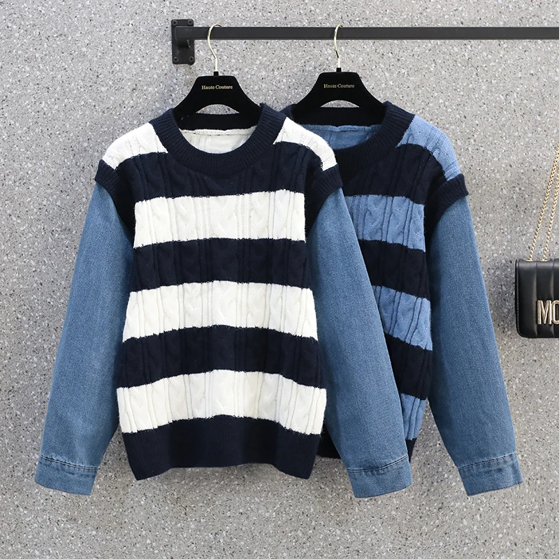 

Fake two-piece twist striped knitted top for 2021 autumn and winter new female loose stitching denim sleeve pullover sweater