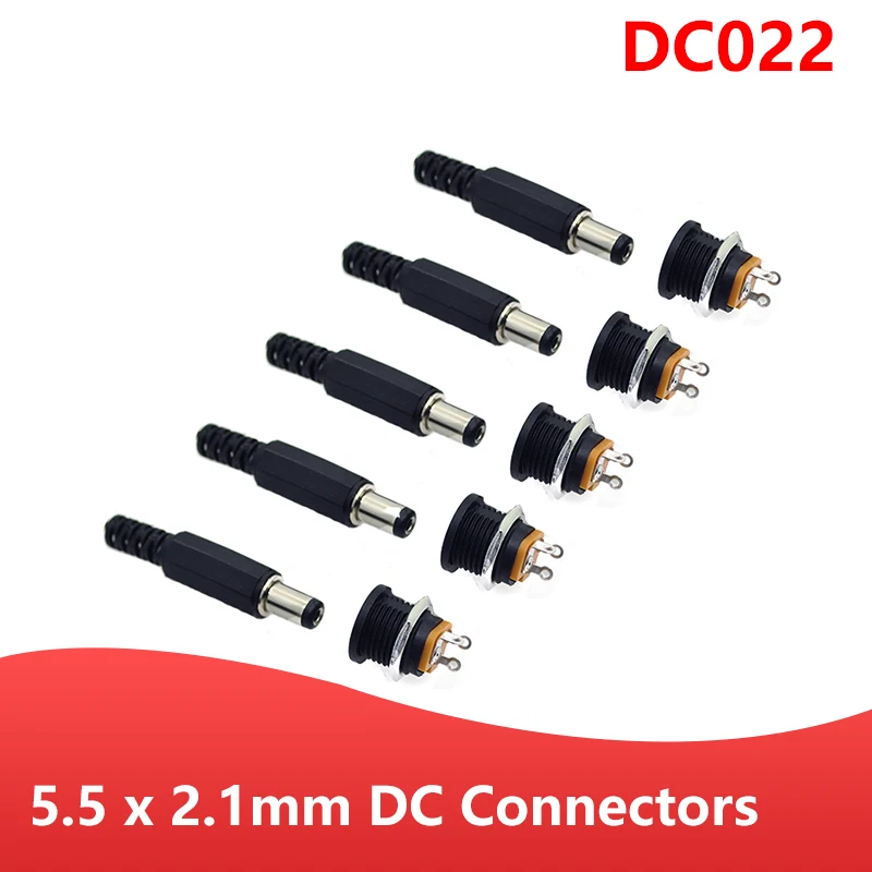 

10PCS (5Pairs) 12V 3A 5.5 x 2.1mm Molded case Male Plug DC022 DC power socket internal screw nut panel Connector5.5*2.1MM