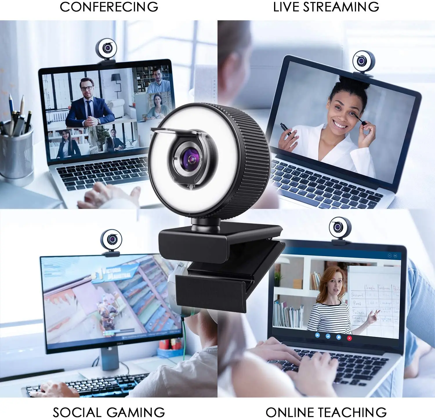 

Mini USB Webcam Video Conference Camera Wide Angle Webcam with Microphone Cover and Ringlight PC Camera 1080P 1440P Webcam 2K
