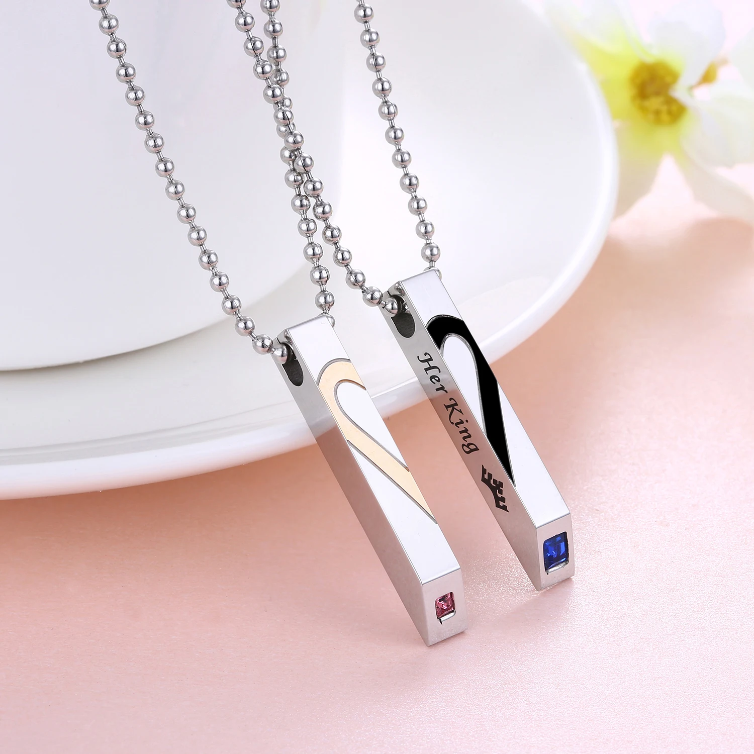 

OPK Romantic Love Heart Bead Chain Necklace For Couple Stainless Steel &CZ Strip Pendant Lover's Necklace Anniverasy Gift GX1375