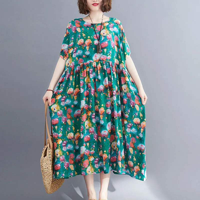

Summer Bohemian Sundress 2021 New Women Long Dress Casual Vintage Short Sleeve Floral Printed Vestido Female Robe Casual Loose