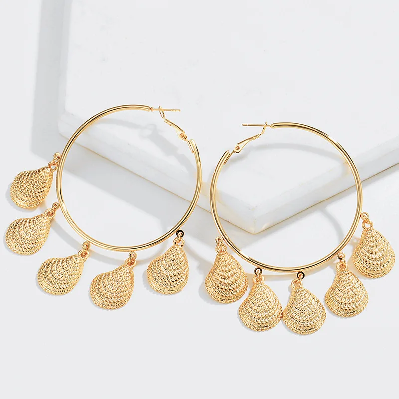 

Vintage Boho Gold Color Shell Big Circle Earrings For Women Wholesale Party Gifts Ethnic Handmade Round Statement Hoops Earrings