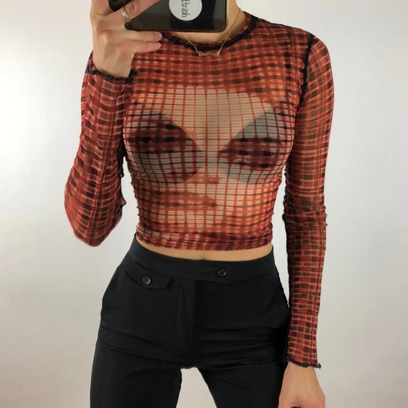 

Y2K Vintage Mesh Sheer T-shirt 90s Women Tees Harajuku Streetwear E-girl Gothic Grunge See Through Long Sleeve Skinny Crop Top