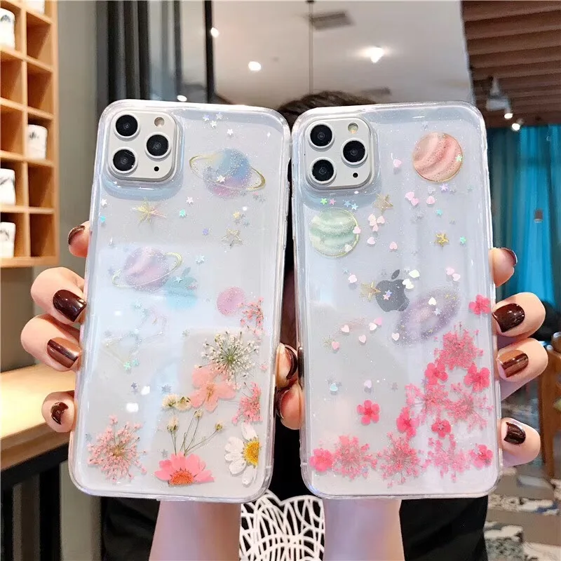 

10pcs fashion glitter girl genuine flower cellPhone Case For iPhone 11 Pro Max XS XR X 8 7 6S Plus cases protection cover covers