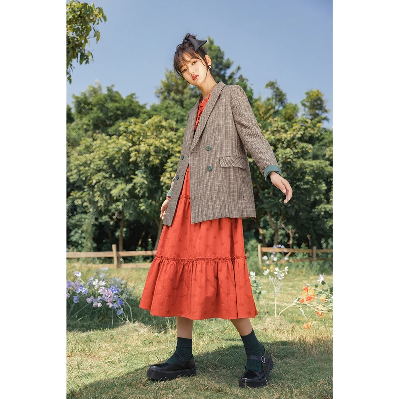 

INMAN 2021 Spring New Arrival Small Suit Capable Plaid Needle Embroidered Purple Plaid Women's Coat