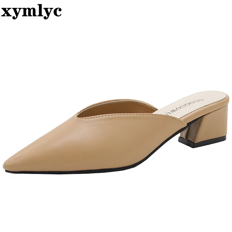 2020 new ladies pointed toe Thick heel High heels women's fashion mid-heeled shoes summer slippers Black khaki creamy-white | Обувь