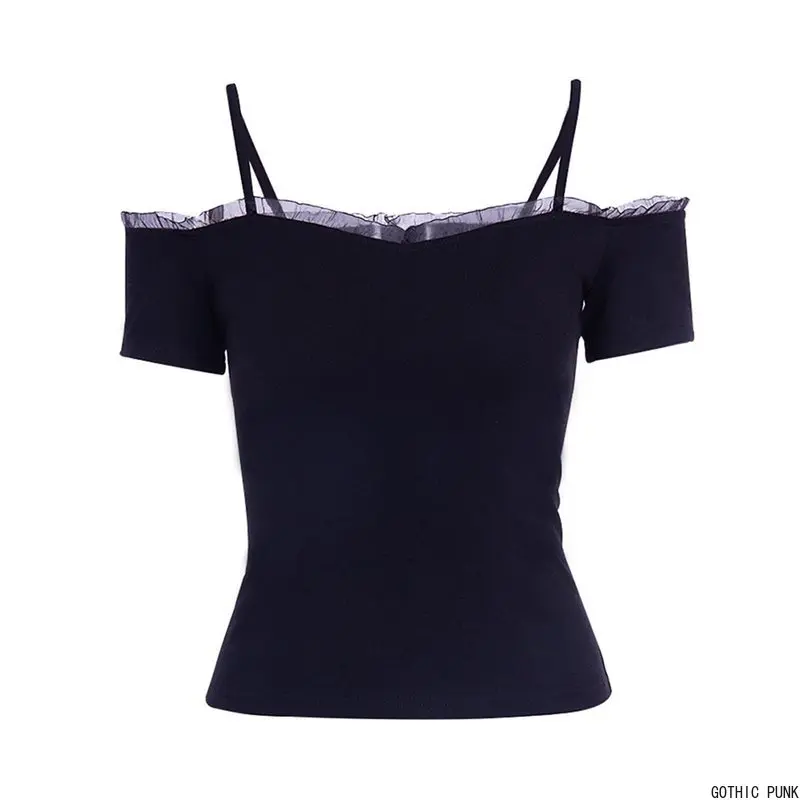 Женская футболка с открытой спиной черная сетчатая в готическом стиле оборками и