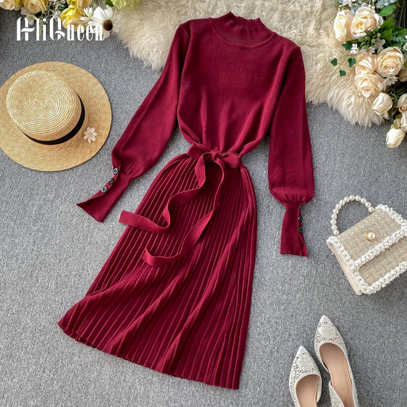Женское плиссированное платье-свитер с поясом элегантное винтажное длинное