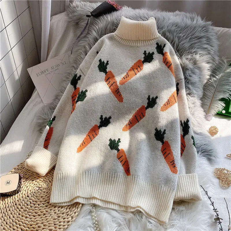 EBAIHUI Knitted Sweater Women Carrot Pattern Long Sleeve Pullover Loose High-necked Blue Yellow Autumn Winter 2020 | Женская одежда