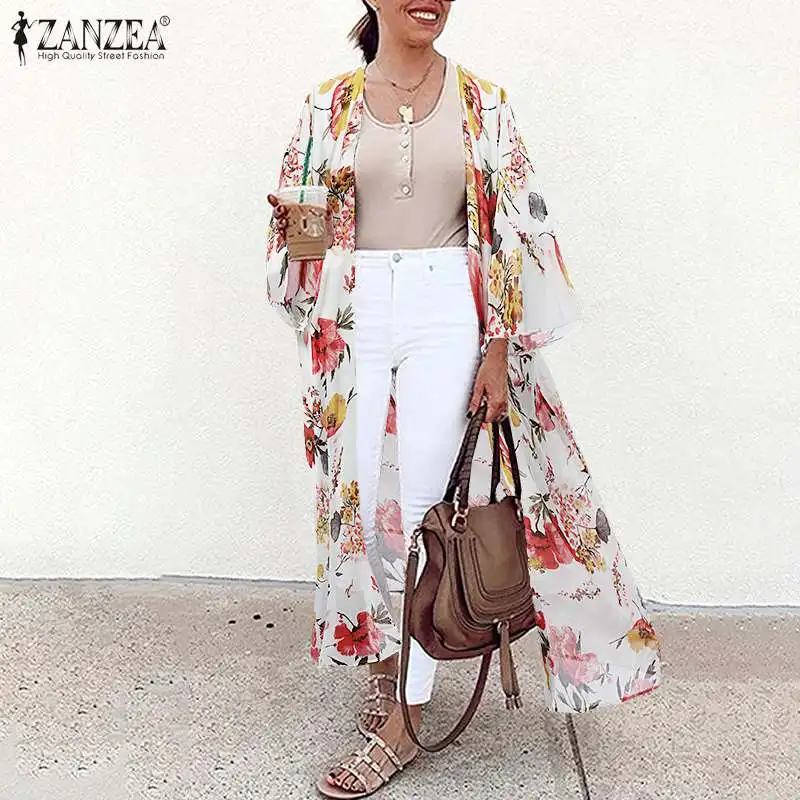 Женская летняя блузка-кимоно ZANZEA с длинным рукавом и цветочным принтом