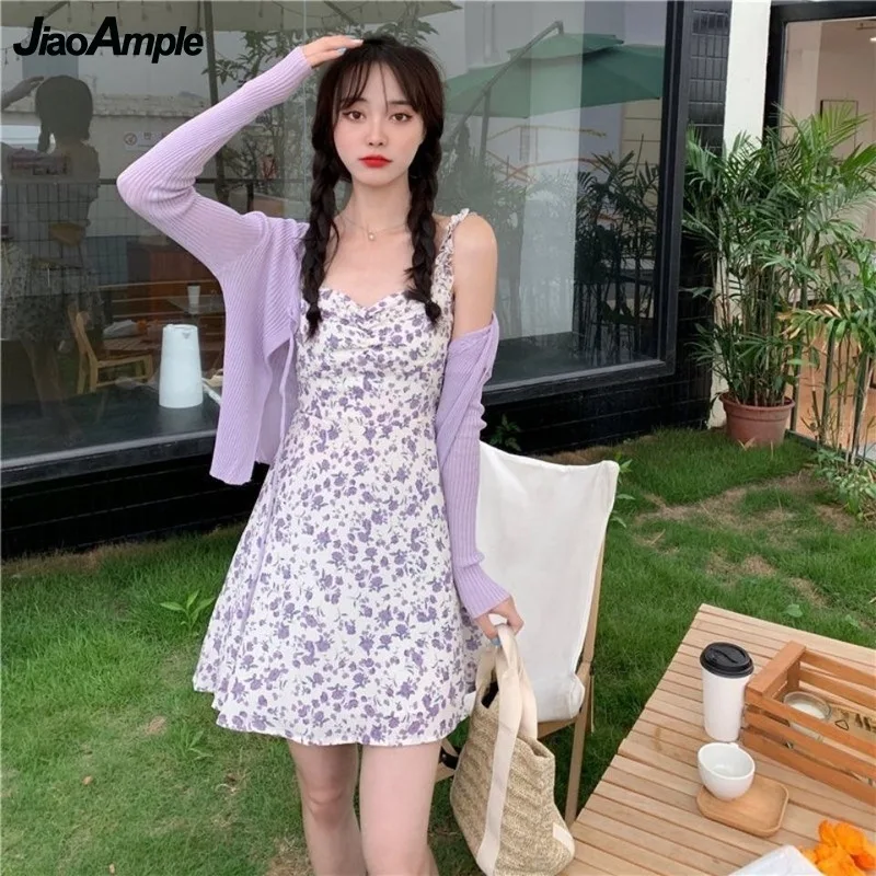 

Женский комплект из двух предметов, тонкий трикотажный кардиган без рукавов и мини-платья с принтом, модный костюм в Корейском стиле, 2021