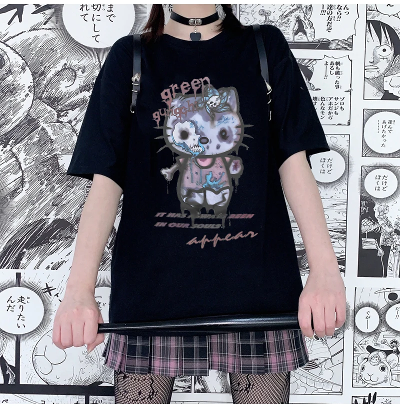 Женская футболка с принтом Kawaii Cat черные топы в стиле Харадзюку Повседневная