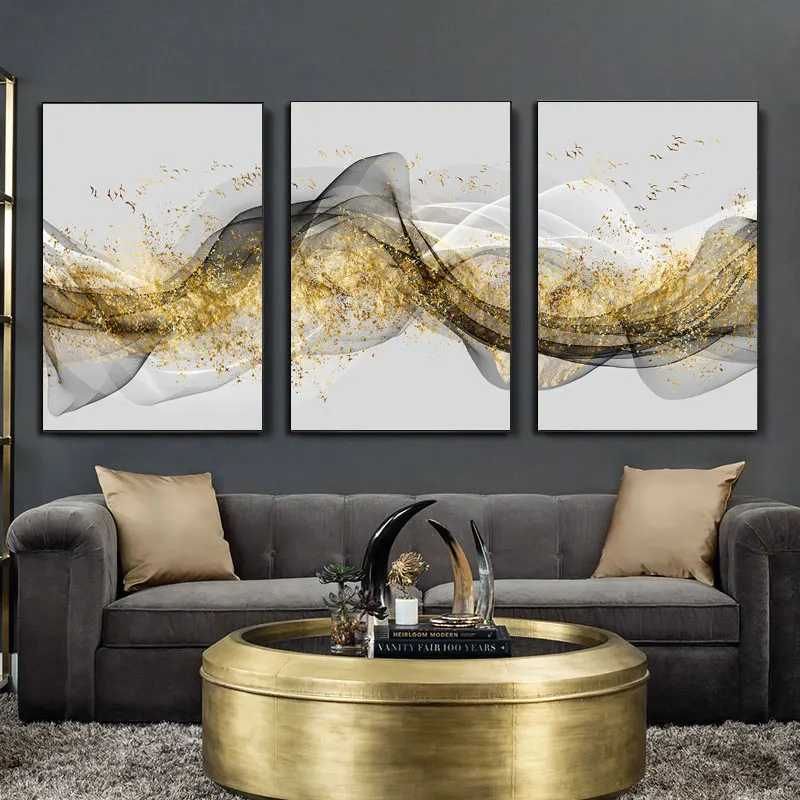 

Ink Float Ribbon Golden Birds Abstract Wall Art Poster Print Canvas Painting Decorative Picture for Living Room Home Decoration