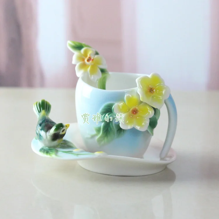 

Enamel porcelain European-style coffee cup warbler mug and saucers 120ml