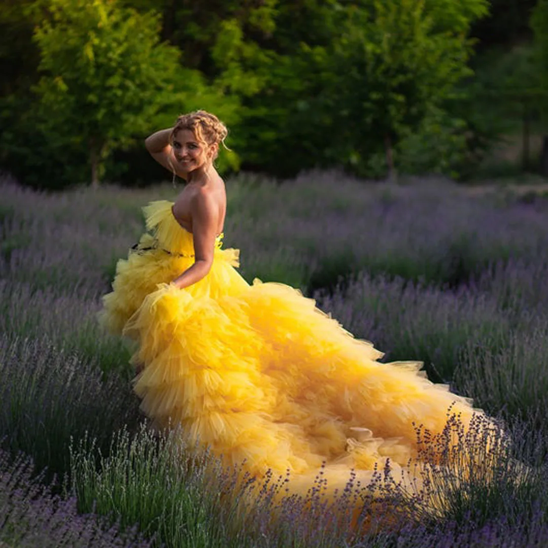 

Желтое классическое Элегантное Изысканное женское платье без бретелек с высоким и низким тюлем с оборками многослойное вечернее платье с л...