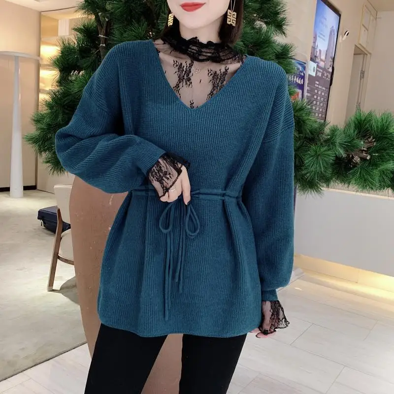 

Slim two piece lace knit winter long sleeve sweater