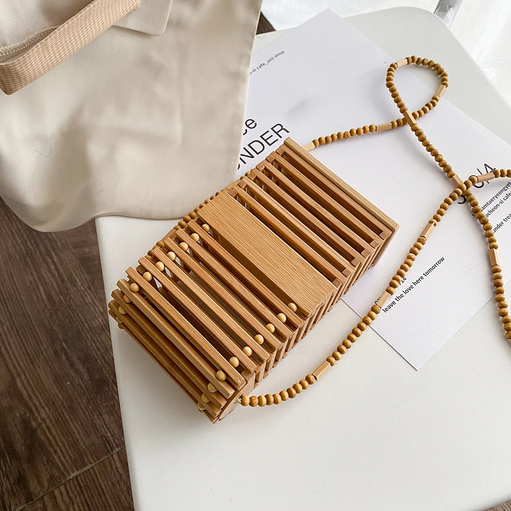 

Модная женская сумка через плечо с бамбуковыми полосками, винтажная сумка-мессенджер через плечо с вырезами, женские маленькие сумки для те...