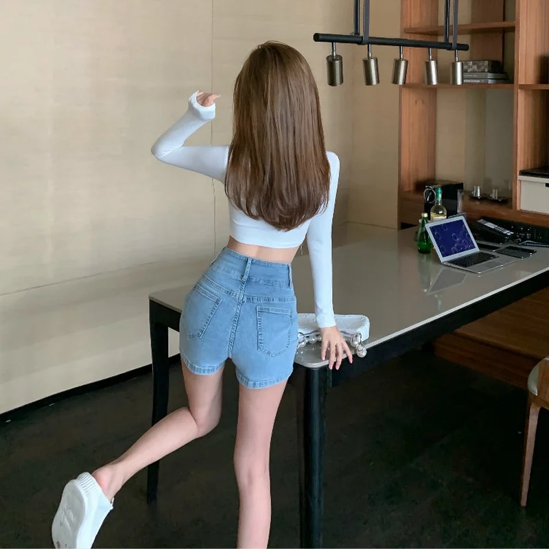 

Light Blue Straight Jeans Slim High Waist Woman Summer Thin Section Casual Drawstring Cowboy Short Pants Ins Tide Korean Version