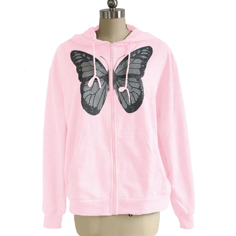 

Autumn New 2021 Women Fashion Long Sleeve Hooded Sweatshirt Butterfly Beading Zip-up Hoodies Casual Loose Oversize Outwear Coat