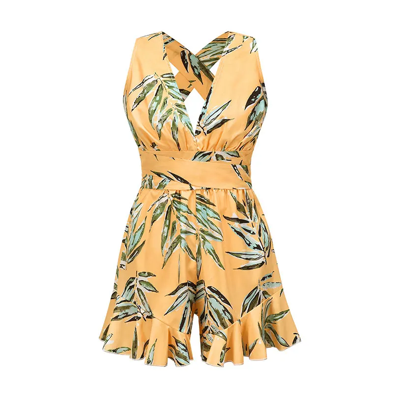 2021 New Women's Summer Floral Print Backless Bow Tie Jumpsuit Casual Slim Sleeveless V-Neck Ruffle Beach Rompers Sexy Playsuit