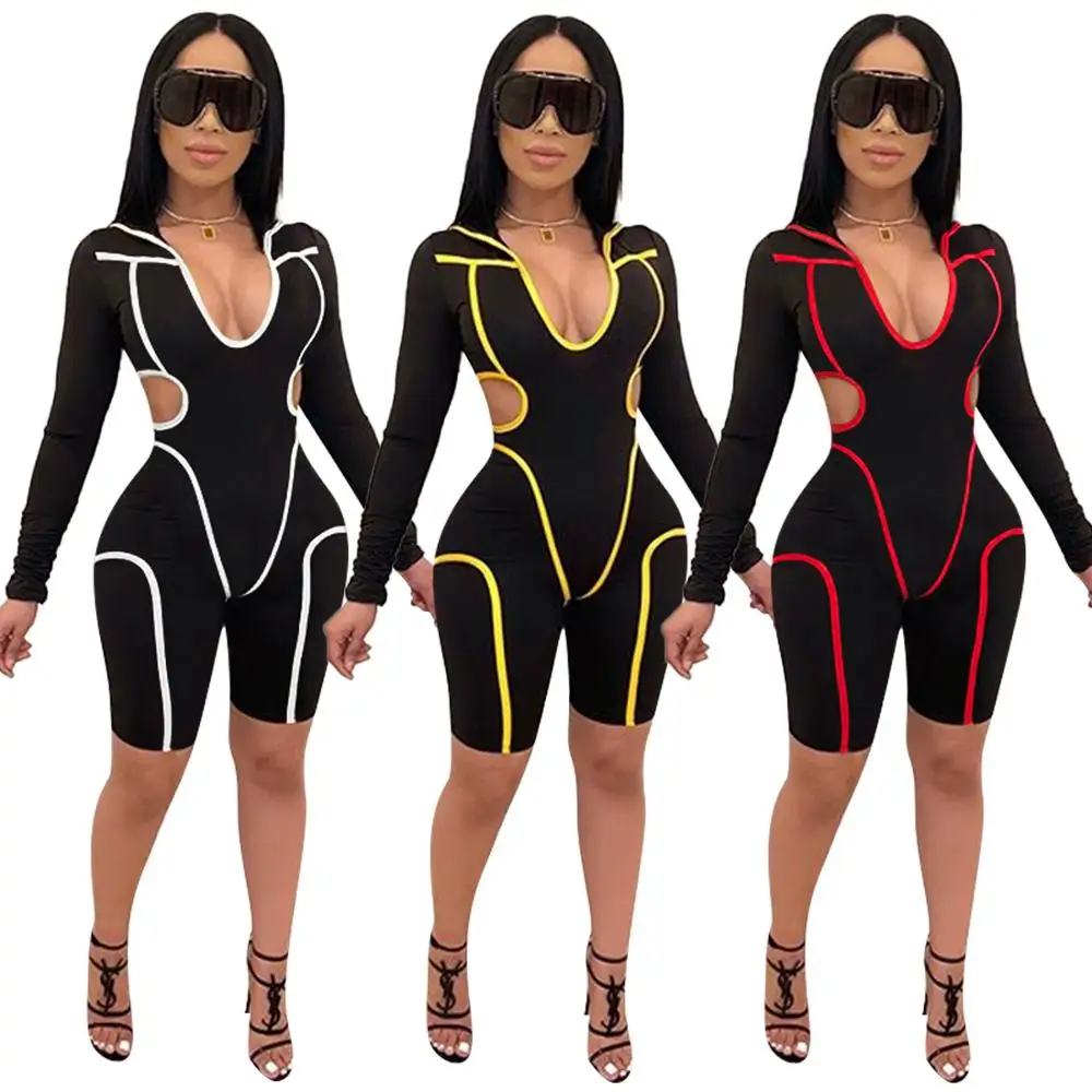 

2020 Newon Spring Cool Girls Striped Black Sheath Knee-length Jumpsuit Moto & Biker Sexy Casual Women Deep V Neck Playsuit