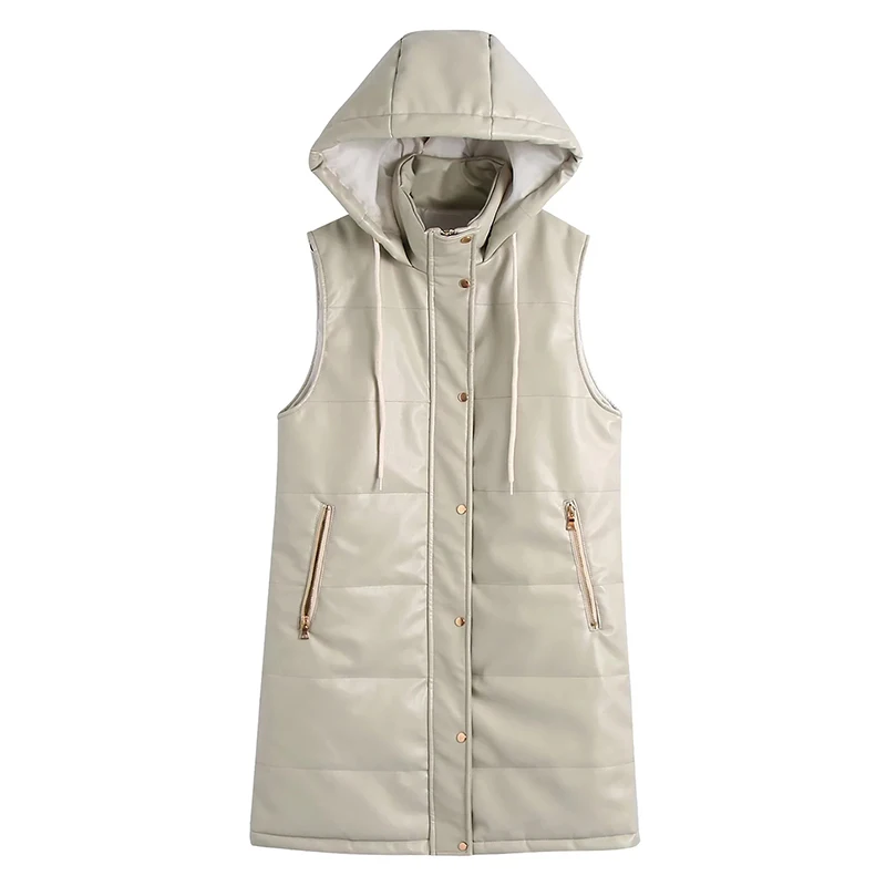 2022PU Faux Leather Long Parka Coat Hooded Single Breasted Waistcoats Women Winter Warm Thick Cotton Vest Casual Loose Outerwear