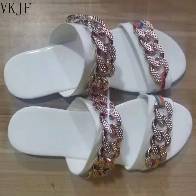 

2021 New Summer For Dropship Slides Flat Heel Mules Shoes With Chain Summer Women Beach Shoes Fashion Slipper Sandals