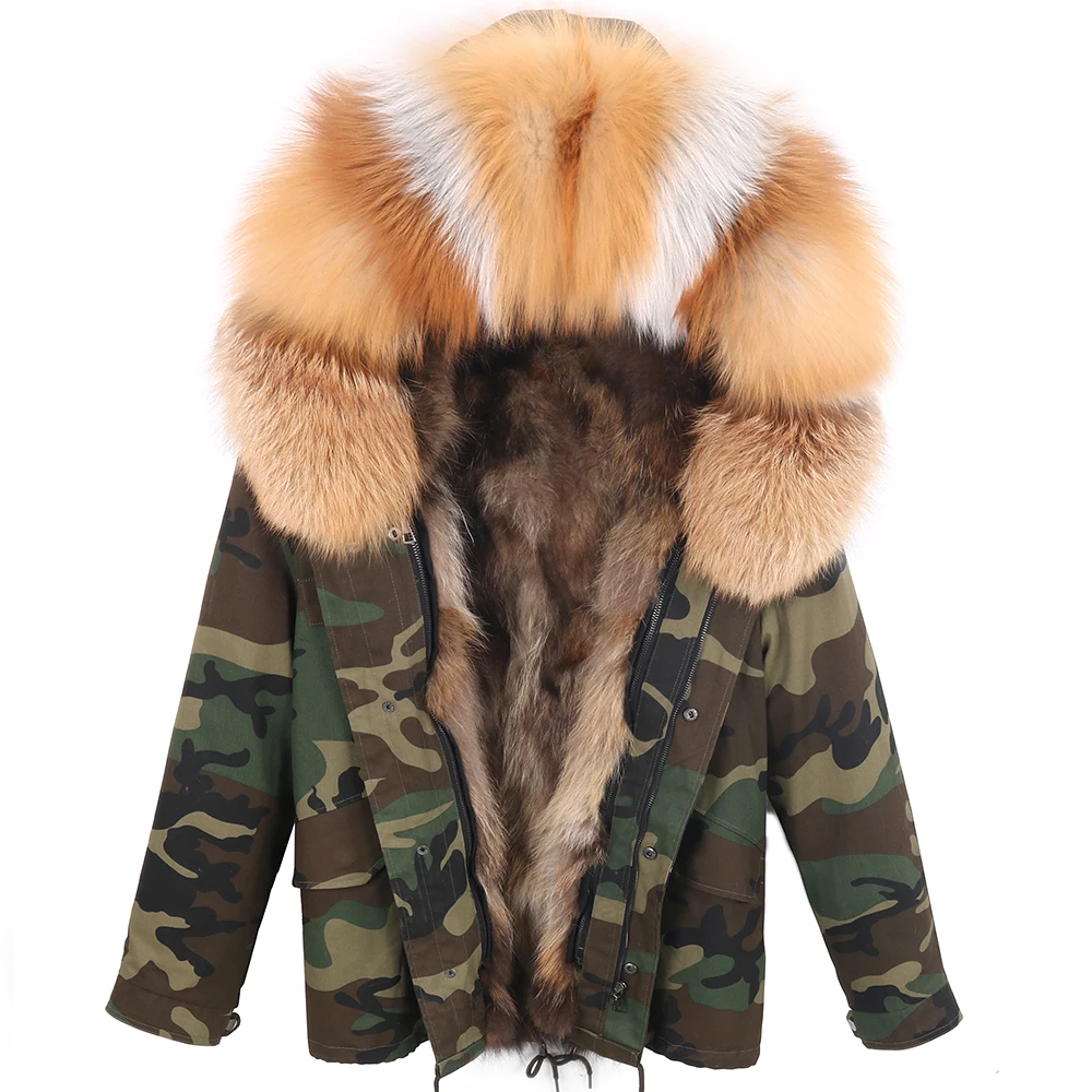 Women Winter Real Fox Fur Coat Big Natural Raccoon Fur Hood Thick Warm Streetwear Parkas Camouflage Real Fur Jacket Detachable