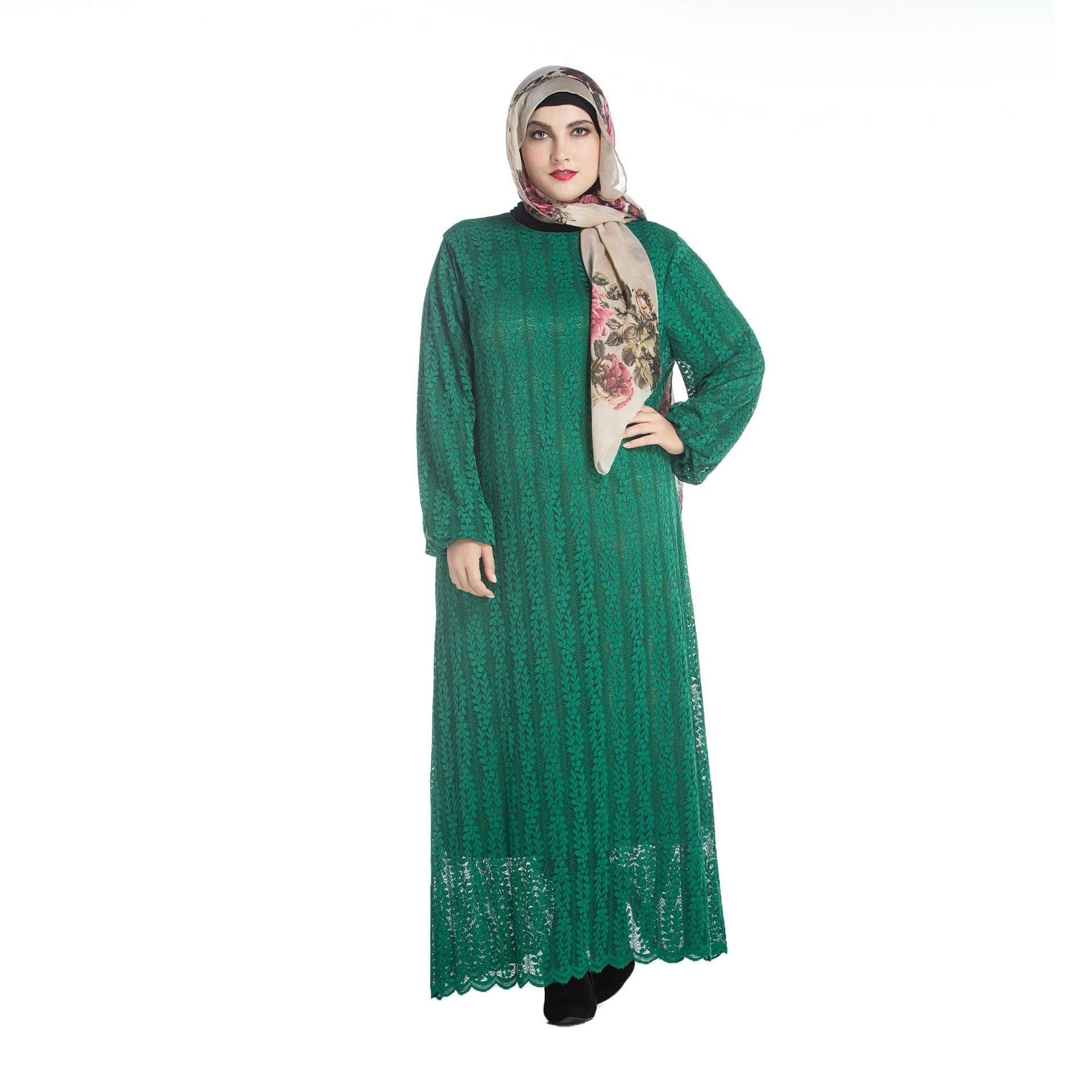 Мусульманское платье для женщин, круглый вырез, длинный рукав, кружевное платье большого размера, мусульманская абайя, Дубай, прямая одното...