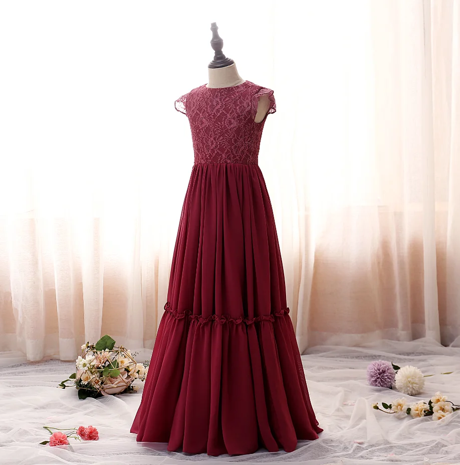 

Weddings Children Princess Ball Gowns Petal Sleeve Wine Red High-End Party Ceremony Dress Birthday Banquet Girls Clothes