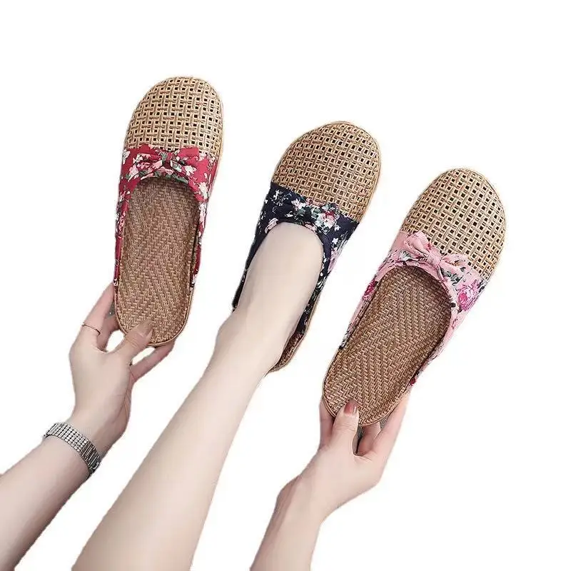 

Summer Home Women Breathable Female Bohemia Women's Slippers Bowknot Flax Flip Flops Anti-Slip Wearable Woman Sandals Slipper